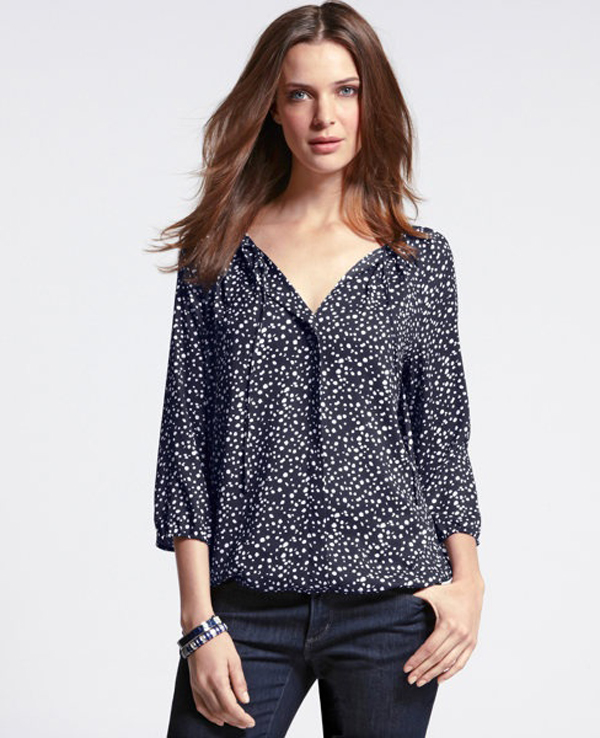 navy and white dotted blouse